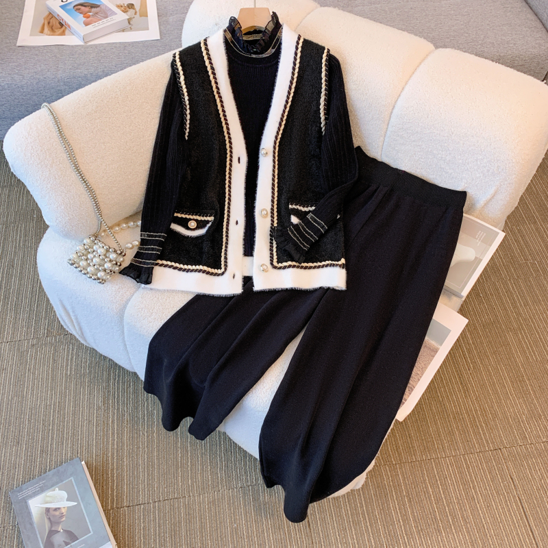 Black Warm 3 Piece Sets Womens - Turtleneck Knit 90S review and price
